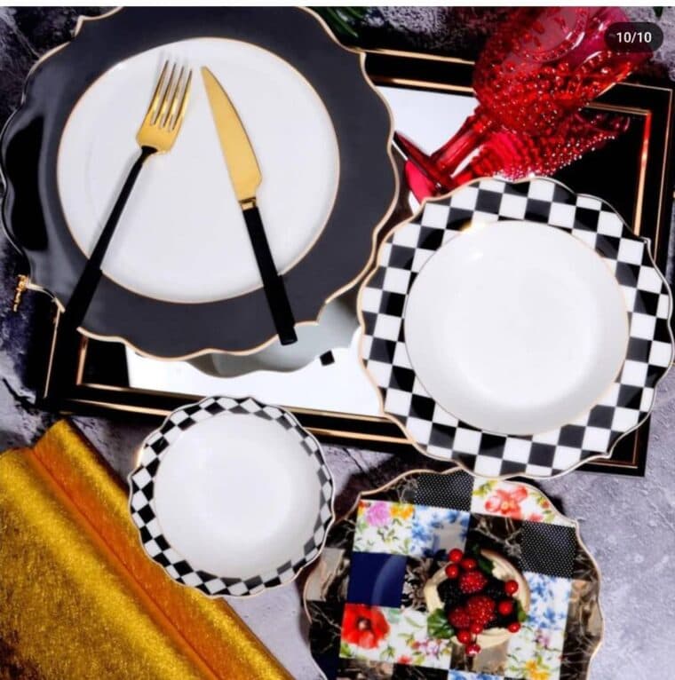 Service de table China Bone de 24 pièces pour 8 personnes, assiettes et bols en éventail
